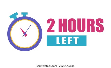 Stopwatch clock icon. Countdown two hours. Bold 2 hours left. Vector timer illustration.