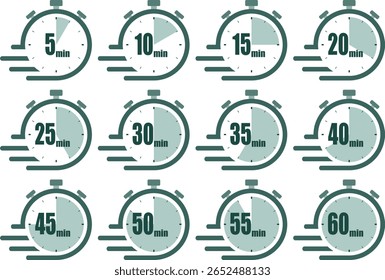 Stopwatch clock icons representing various time intervals from 5 to 60 minutes in a simple design