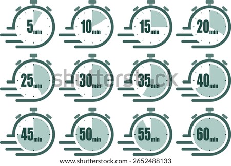 Stopwatch clock icons representing various time intervals from 5 to 60 minutes in a simple design