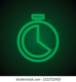 Stopwatch, clock simple icon. Flat desing. Green neon on black background with green light.ai