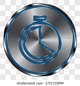 Stopwatch, icono del reloj simple en el botón redondo de metal. Cuadrícula transparente