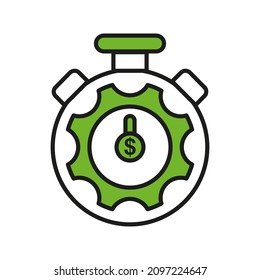 Stopwatch with cogwheel and dollar symbol inside. Green and white illustration with black outline. Simple flat three color vector icon for website, app, print, presentation, and more