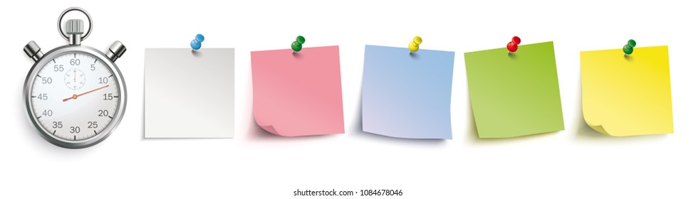 Stopwatch and colored stickers with pins on the white background. Eps 10 vector file.