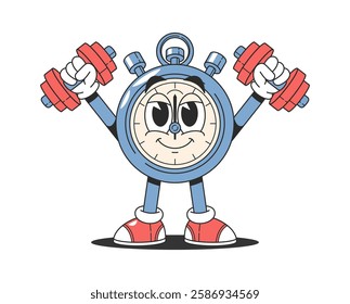 Stopwatch comic character lifting weights