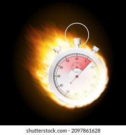 Stopwatch concept - faster sign with fire. Vector stock illustration.