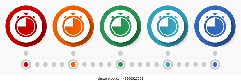 Stopwatch concept vector icon set, infographic template, flat design circle colorful web buttons in 5 color options
