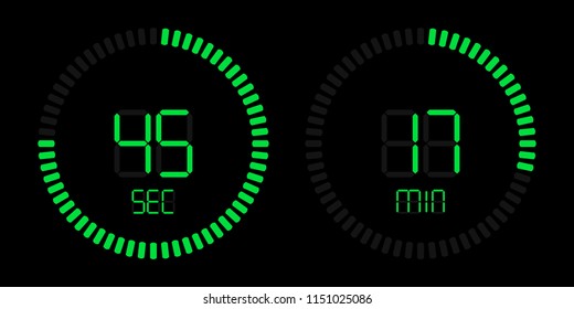 Stopwatch digital countdown timer with minutes and seconds vector display. Isolated green on black background