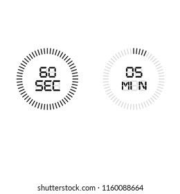 Stopwatch digital countdown timer with minutes and seconds vector display. Isolated black on white background