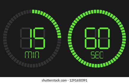 Stopwatch digital countdown timer with minutes and seconds vector display. The digital timer, electronic stopwatch with a gradient dial starting vector icon, clock and watch, timer, countdown