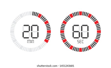 Stopwatch digital countdown timer with minutes and seconds vector display. 