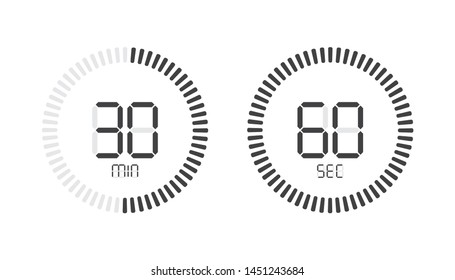 Stopwatch digital countdown timer with minutes and seconds vector display. 