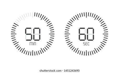 Stopwatch digital countdown timer with minutes and seconds vector display. 