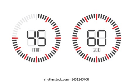 Stopwatch digital countdown timer with minutes and seconds vector display. 
