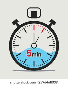 Stopwatch displays a countdown of five minutes, featuring a blue liquid area. It emphasizes time management and productivity, ideal for various templates and logos.