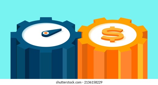 Stopwatch and dollar with gears, time is money, 3d flat style investment mechanism, vector design objects for you projects