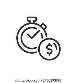 Stoppuhr mit Dollarzeichen, lineares Symbol. Zeitwert- und Kosteneffizienzkonzept. Linie mit editierbarem Strich.