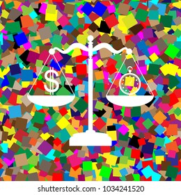 Stopwatch and dollar symbol on scales. Vector. White icon on colorful background with seamless pattern from squares.