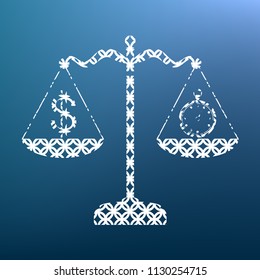 Stopwatch and dollar symbol on scales. Vector. White textured icon at lapis lazuli gradient background.