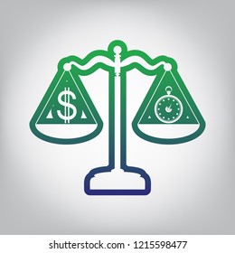 Stopwatch and dollar symbol on scales. Vector. Green to blue gradient contour icon at grayish background with light in center.