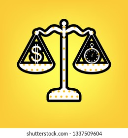 Stopwatch and dollar symbol on scales. Vector. Yellow polka dot white icon with black contour at warm yellow background.