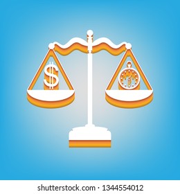 Stopwatch and dollar symbol on scales. Vector. White icon with 3d warm-colored gradient body at sky blue background.