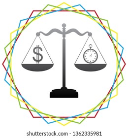 Stopwatch and dollar symbol on scales. Vector. Black icon with patch of light inside colorful hexagonal frames at white background.