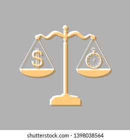 Stopwatch and dollar symbol on scales. Emboss effect with light orange icon on gray background.