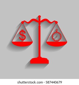 Stopwatch and dollar symbol on scales. Vector. Red icon with soft shadow on gray background.