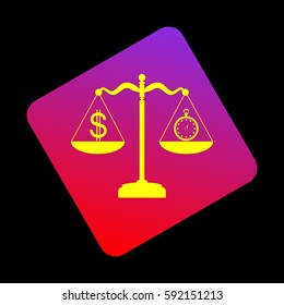 Stopwatch and dollar symbol on scales. Vector. Yellow icon at violet-red gradient square with rounded corners rotated for dynamics on black background.