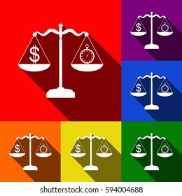 Stopwatch and dollar symbol on scales. Vector. Set of icons with flat shadows at red, orange, yellow, green, blue and violet background.