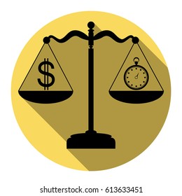 Stopwatch and dollar symbol on scales. Vector. Flat black icon with flat shadow on royal yellow circle with white background. Isolated.