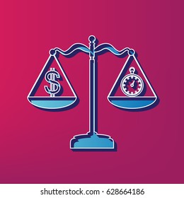 Stopwatch and dollar symbol on scales. Vector. Blue 3d printed icon on magenta background.