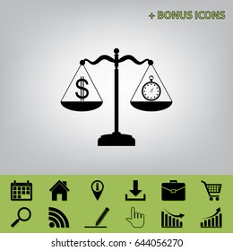 Stopwatch and dollar symbol on scales. Vector. Black icon at gray background with bonus icons