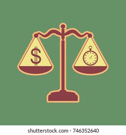 Stopwatch and dollar symbol on scales. Vector. Cordovan icon and mellow apricot halo with light khaki filled space at russian green background.