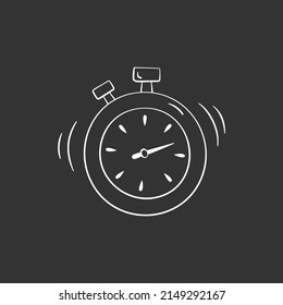 Stopwatch in doodle style, vector illustration. Timer icon for print and design. Clock symbol for sport and quiz game. Isolated chalk element on a black background. Stopwatch outline sign hand drawn