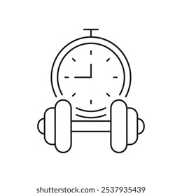 Stopwatch And Dumbbell Line Icon, Scheduled Workout Sessions. Exercise Planning With Timer And Weights. Isolated Vector Illustration.