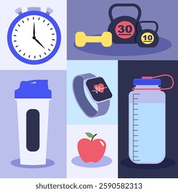 Stopwatch, dumbbells, kettlebells, smartwatch, protein shaker, water bottle and apple illustrating fitness, exercise and healthy lifestyle