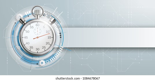Stopwatch with electronic schematicon and banner on the gray background. Eps 10 vector file.