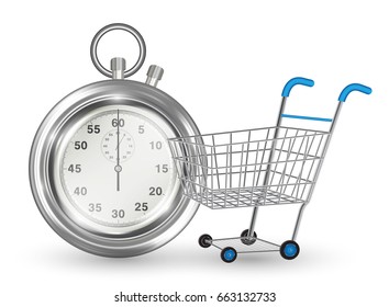 stopwatch empty shopping cart on white background