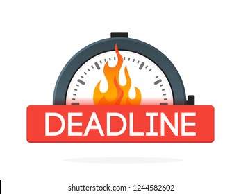 Stopwatch with fire flame badge. Deadline concept. Vector icon.