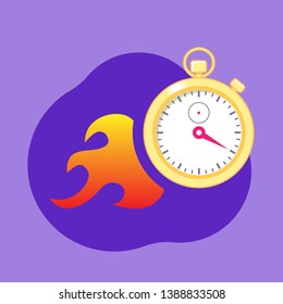 Stopwatch with fire sign on violet background. Concept of faster running time, deadline.