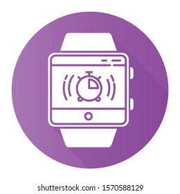 Stopwatch fitness tracker function purple flat design long shadow glyph icon. Smartwatch wristband capability.Timer, split interval, countdown. Milliseconds measurement. Vector silhouette illustration