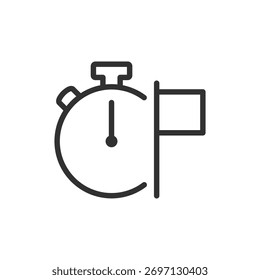 Cronômetro com bandeira, ícone linear. Temporizador com marcador de término. Linha com traçado editável.