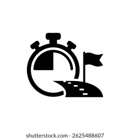 Stoppuhr mit Flagge und Pfad, die Zeitmanagement und Zielerreichung darstellen