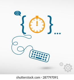 Stopwatch and flat design elements. Design concept icons for application development, web design, creative process, social media, seo, web page coding and programming.
