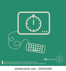 Stopwatch and flat design elements. Line icons for application development, web page coding and programming, web design, creative process, social media, seo.