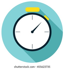 Stopwatch flat icon with shadow and blue background, vector illustration