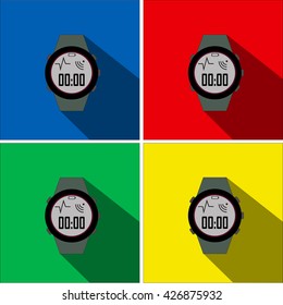 stopwatch flat icons. Four colors background. blue red green yellow