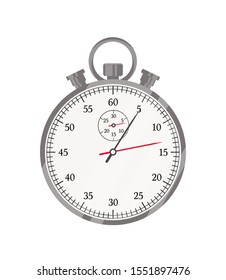 Stopwatch flat vector illustration. Timer, sport equipment item. Circular metal watch color design element. Time pinpointing, timing. Simple sport clock isolated on white background.