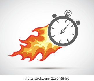 Stopwatch vuela y se quema de llama. Icono de línea de tiempo aislado en fondo blanco. Logo del vector